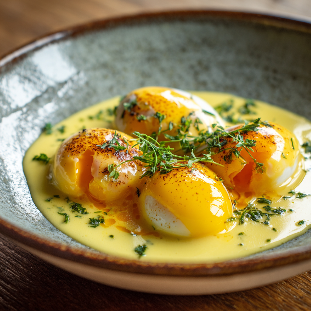 Poached eggs topped with hollandaise sauce