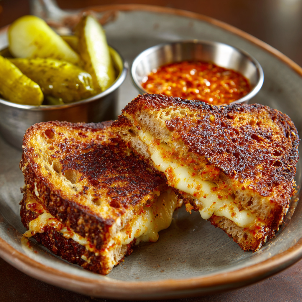 Golden grilled cheese sandwich cut in half
