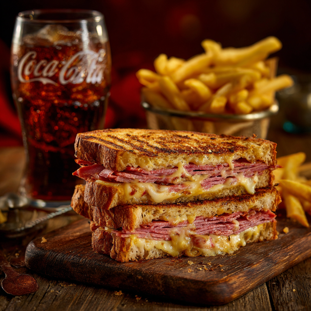 Reuben sandwich on rye with melted Swiss and a side of fries